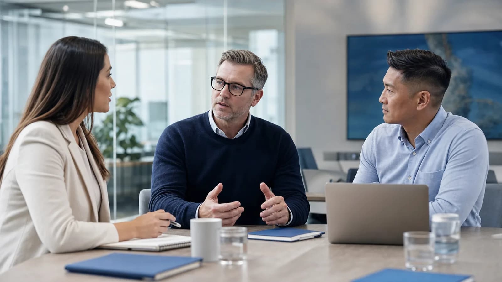 Cloud Arc Solutions consultant leading an executive technology consulting discussion in a modern office.