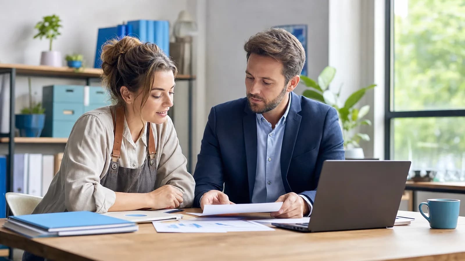 Small business owner and technology consultant reviewing practical technology modernization options.